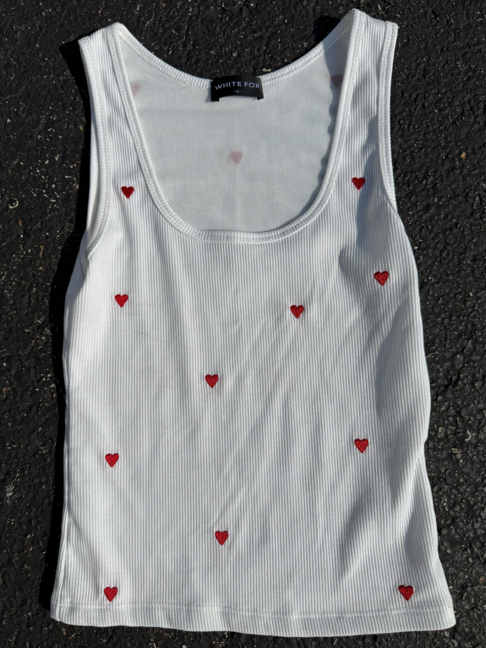 White Fox Women’s Size Small White Ribbed Tank with Red Heart Embroidery